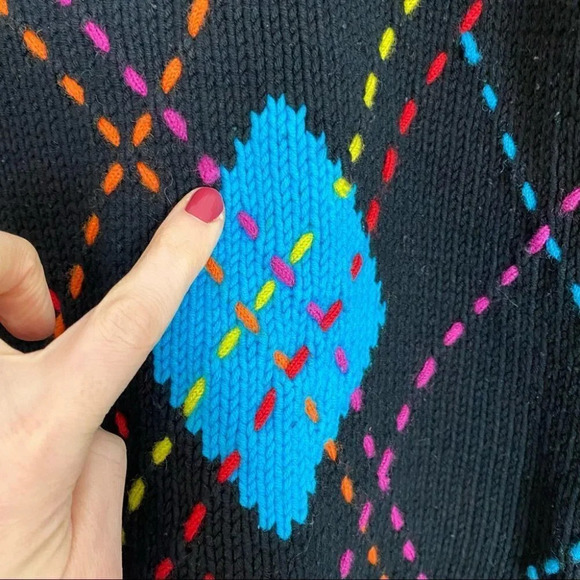 Vintage 90s Argyle Pullover Sweater Mockneck Oversized Womens Size Medium Black - Picture 9 of 16